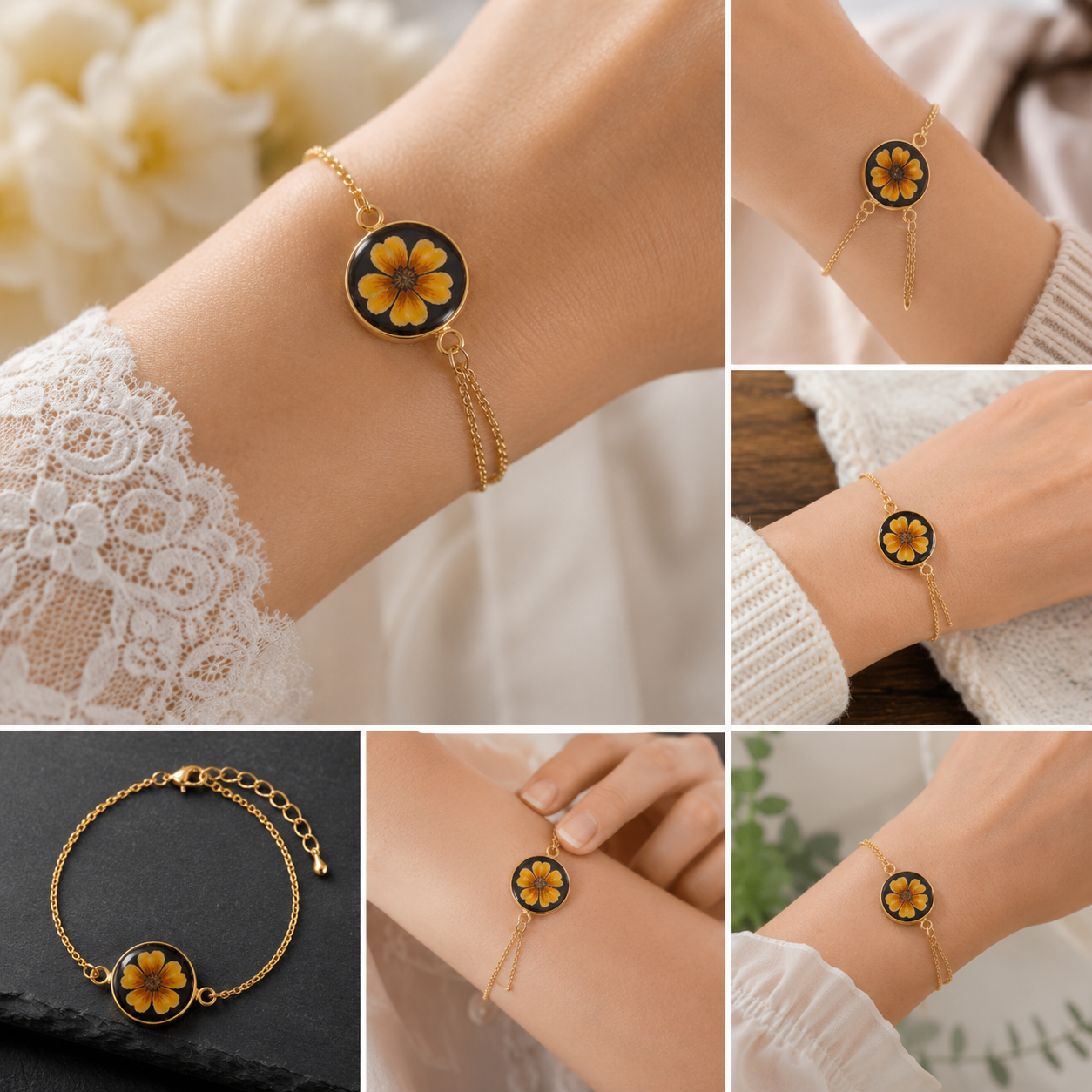 Handmade Sunflower Bracelet with Real Pressed Flower | Resin Floral Jewelry | Adjustable Gold Bracelet | Unique Gift for Women