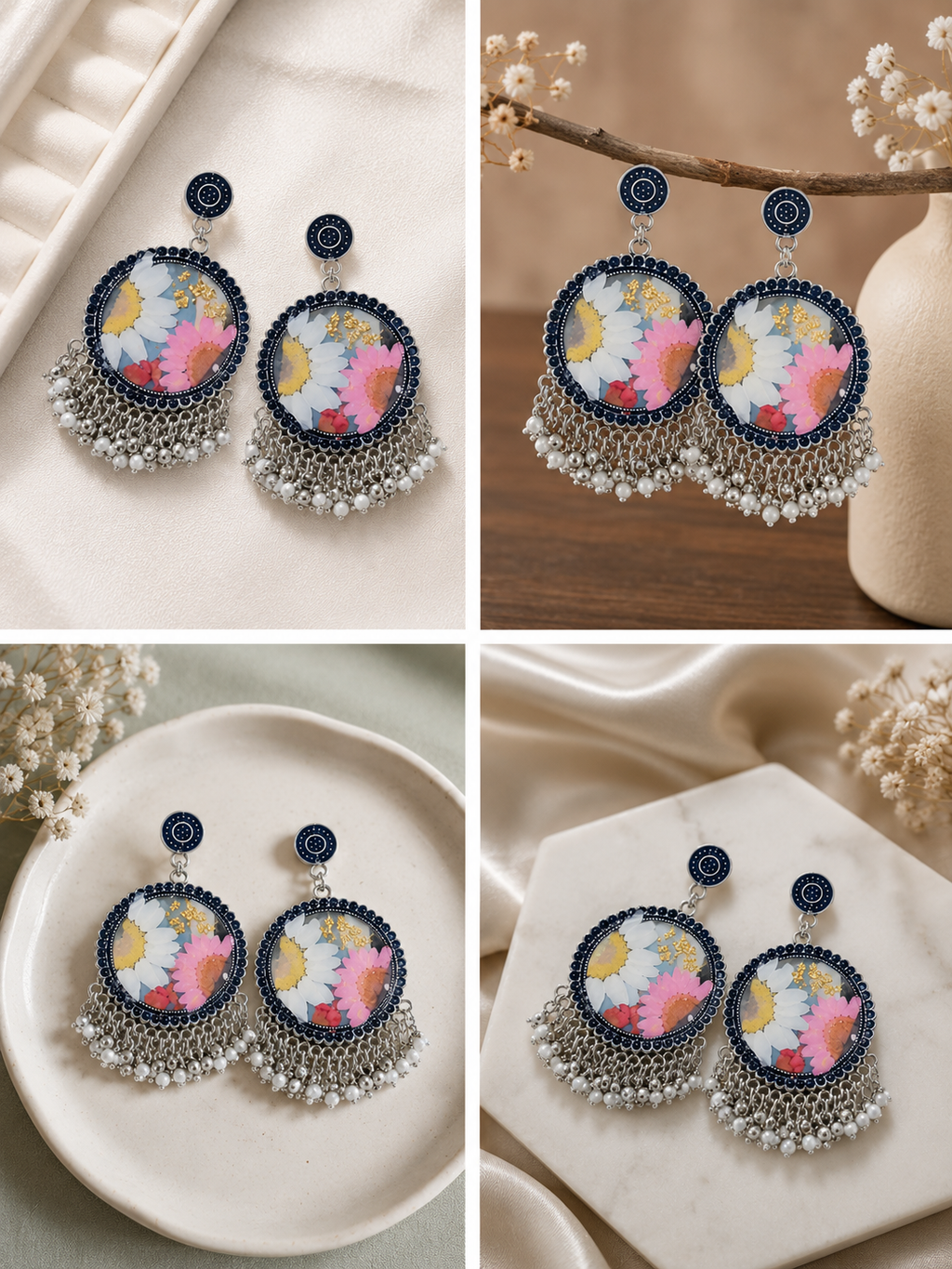 Pressed Flower Resin Earrings | Handmade Floral Dangle Earrings | Botanical Jewelry | Pearl Fringe Earrings | Gift for Her
