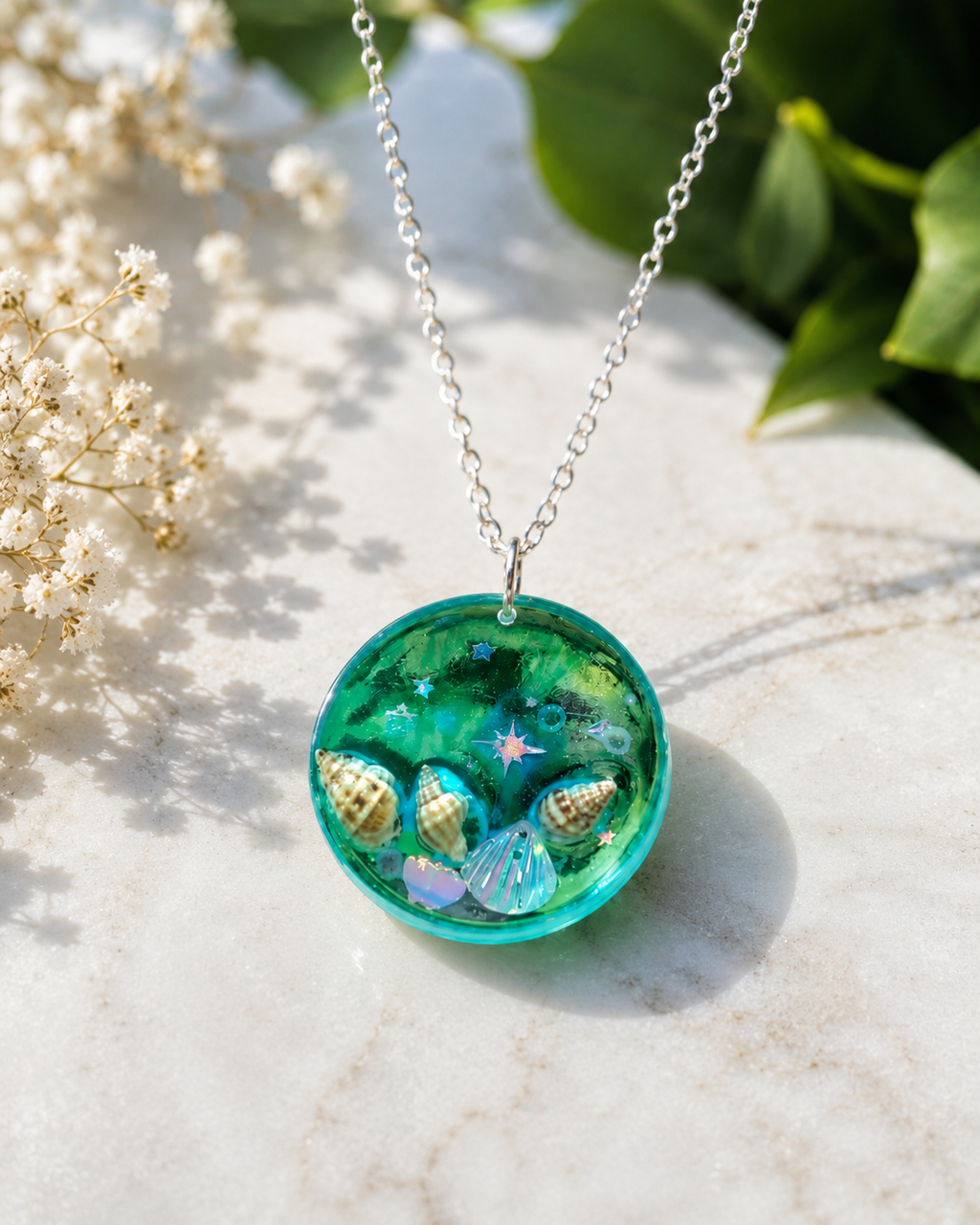 Handmade Ocean Resin Necklace with Seashells | Beach-Themed Pendant | Coastal Jewelry Gift for Women | Mermaid Aesthetic Accessory