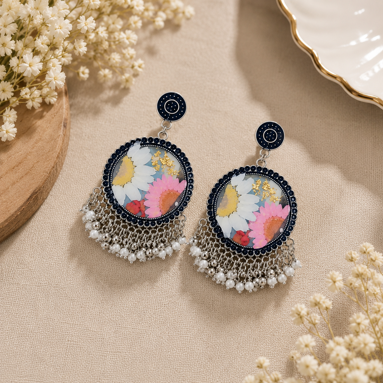 Pressed Flower Resin Earrings | Handmade Floral Dangle Earrings | Botanical Jewelry | Pearl Fringe Earrings | Gift for Her