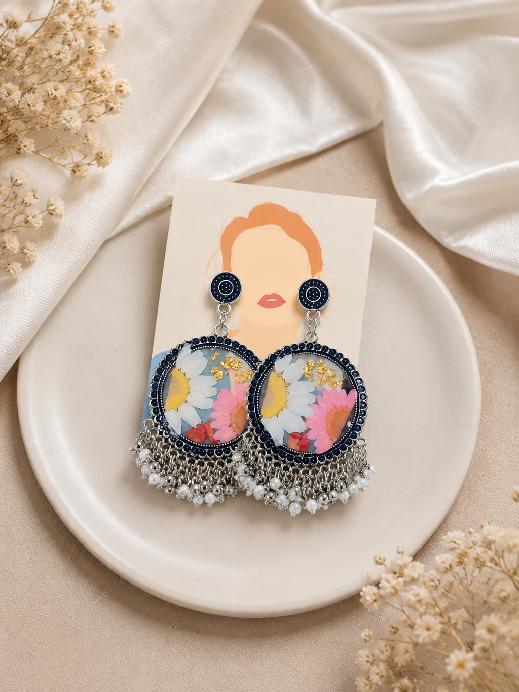 Floral Resin Pearl Fringe Earrings | Handmade Botanical Jewelry 🌸✨