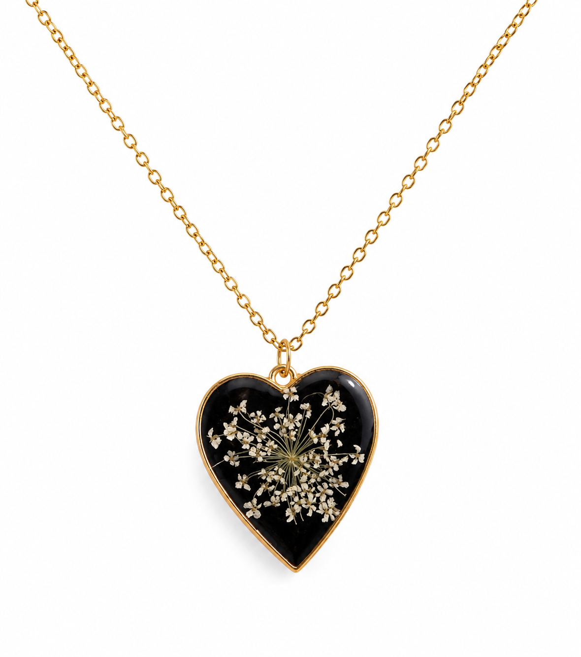 Handmade Black Resin Heart Necklace with Pressed Flowers | Floral Pendant Necklace | Nature Inspired Jewelry | Unique Gift for Women