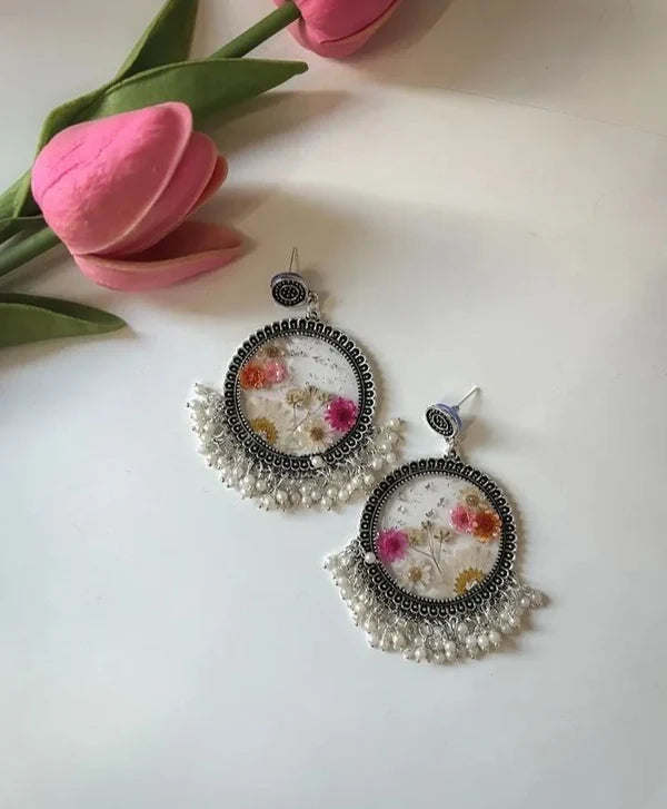 Floral Resin Pearl Fringe Earrings | Handmade Botanical Jewelry 🌸✨
