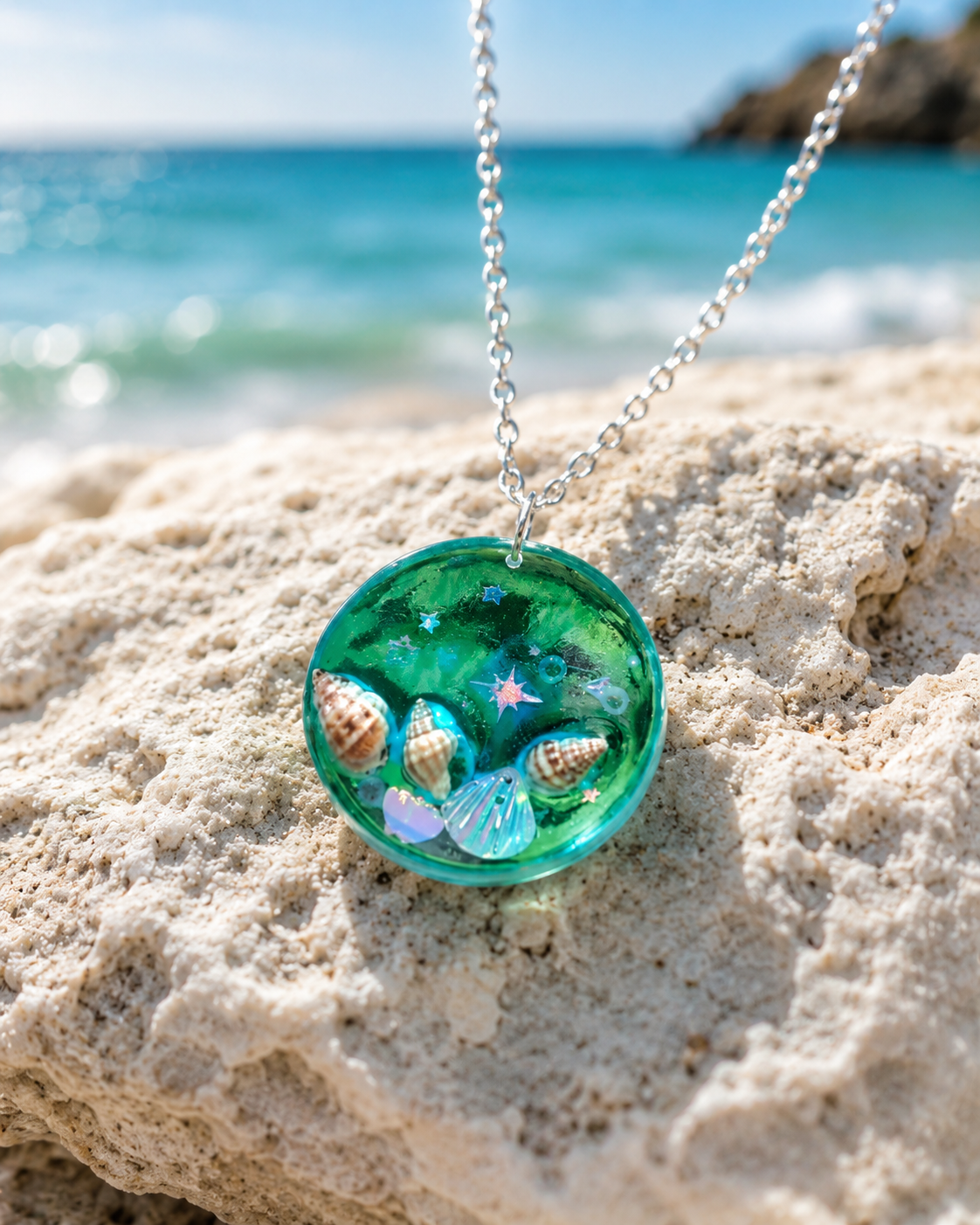Handmade Ocean Resin Necklace with Seashells | Beach-Themed Pendant | Coastal Jewelry Gift for Women | Mermaid Aesthetic Accessory