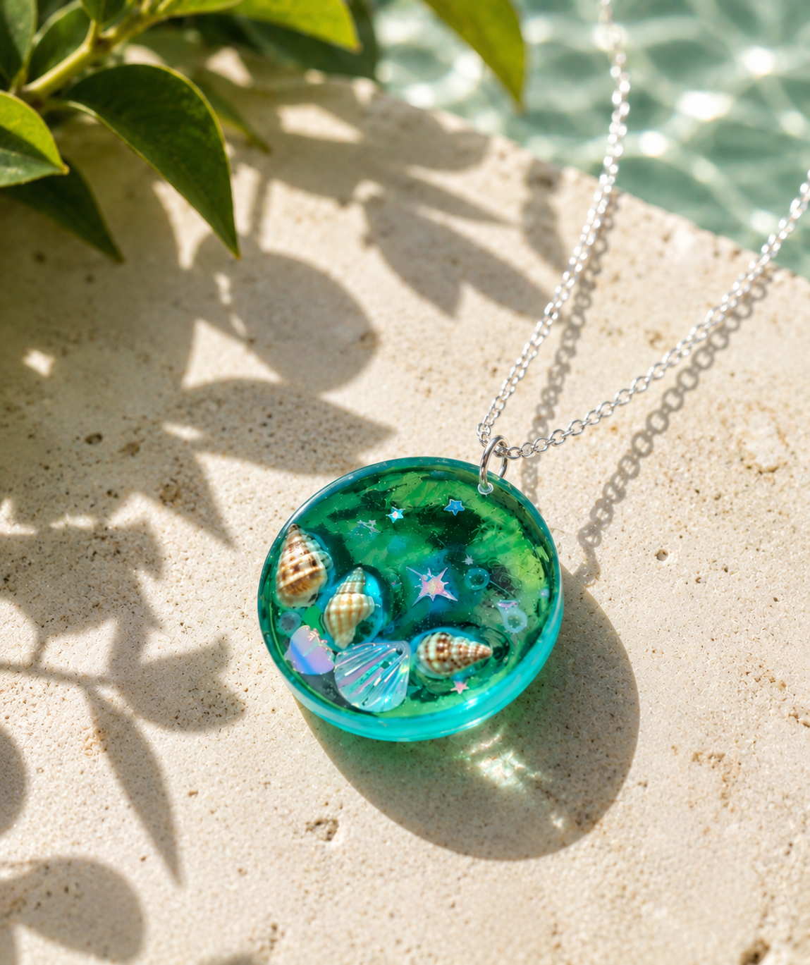 Handmade Ocean Resin Necklace with Seashells | Beach-Themed Pendant | Coastal Jewelry Gift for Women | Mermaid Aesthetic Accessory
